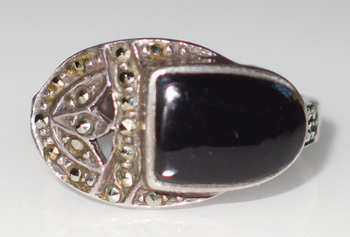 Onyx cabochon markasiten ring - onyx,